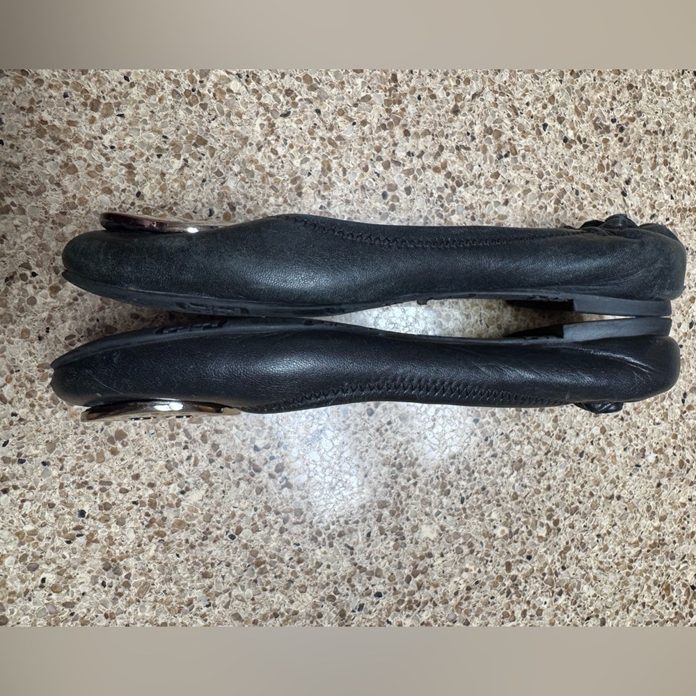 Tory Burch Black Leather Logo Ballet Flats with Silver Emblem - Picture 7 of 13